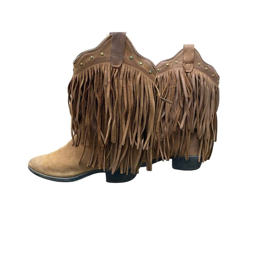 OLD WEST Girls Fringed Leather Western Cowboy Boot Brown Junior Kids Size 7